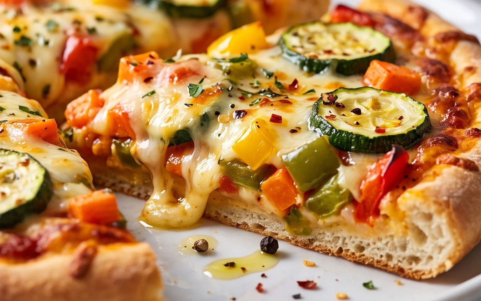 Pizzakuchen mit Zucchini, Karotten, Paprika und Käse